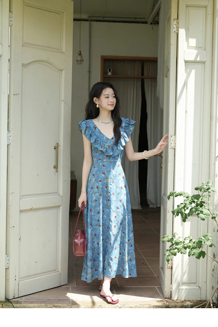 VNeck Ruffled Midi Floral Dress