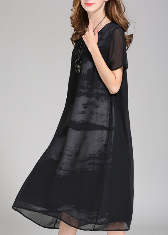 Abstract Brushstroke Print Short Sleeve Sheer Chiffon Shift Midi Dress