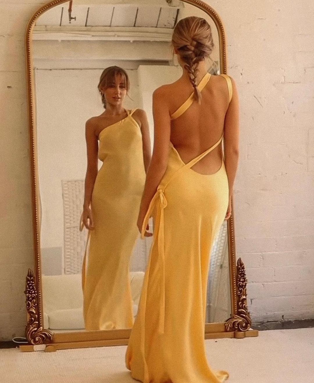 Moonlit Soiree - Satin Asymmetrical One Shoulder Maxi Dress - View 3