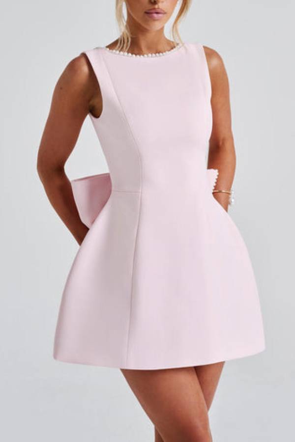 Lillian Effortless Stylish Slim Fit Mini Dress with a Large Bow and Beaded Detailing Chic Silhouette Collection