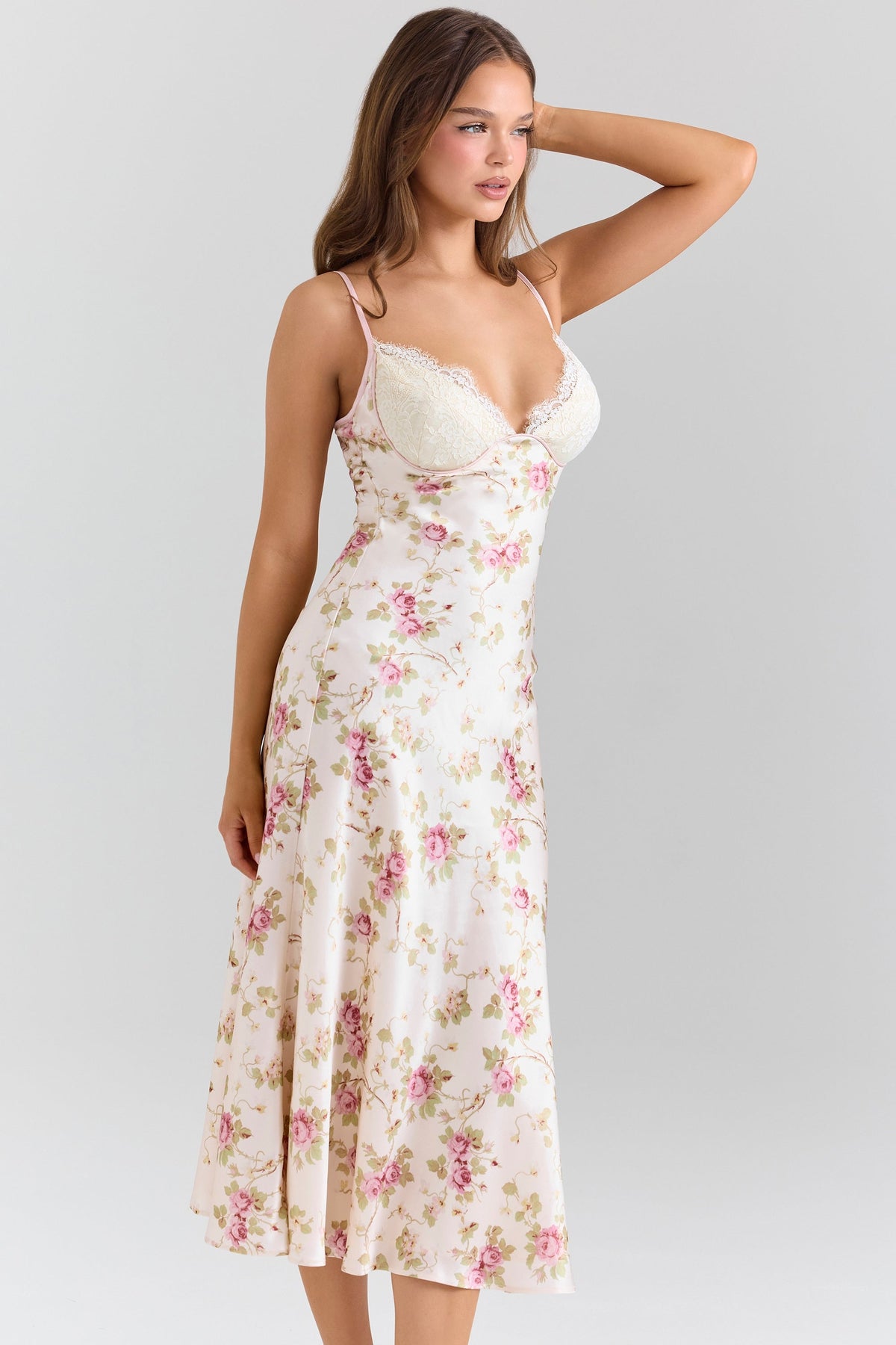 Floral Print Satin Lace Trim V-Neck Cami Bias Cut Midi Dress 3
