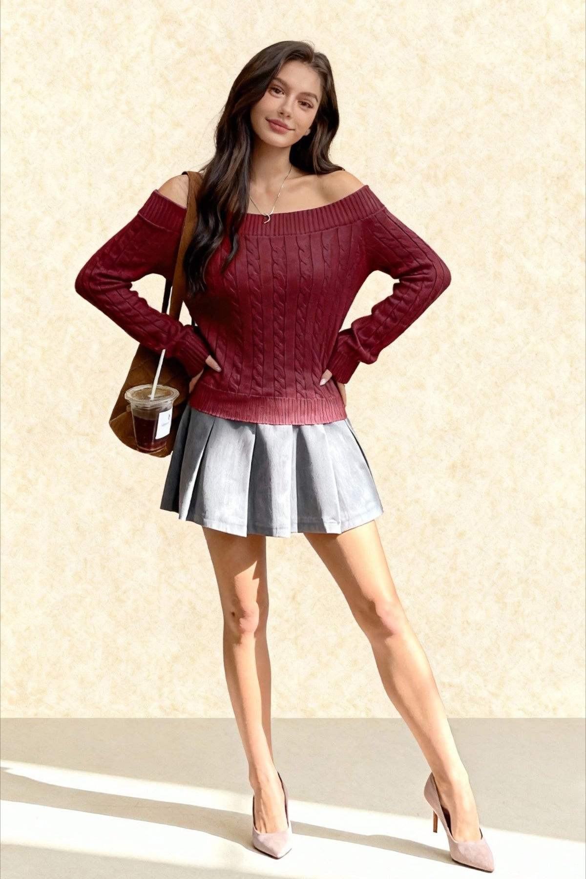 Off Shoulder Long Sleeve Cable Knit Sweater 4