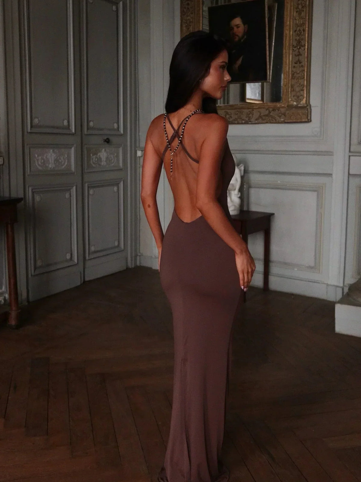 Scoop Neck Spaghetti Strap Open Back Bodycon Maxi Dress 5
