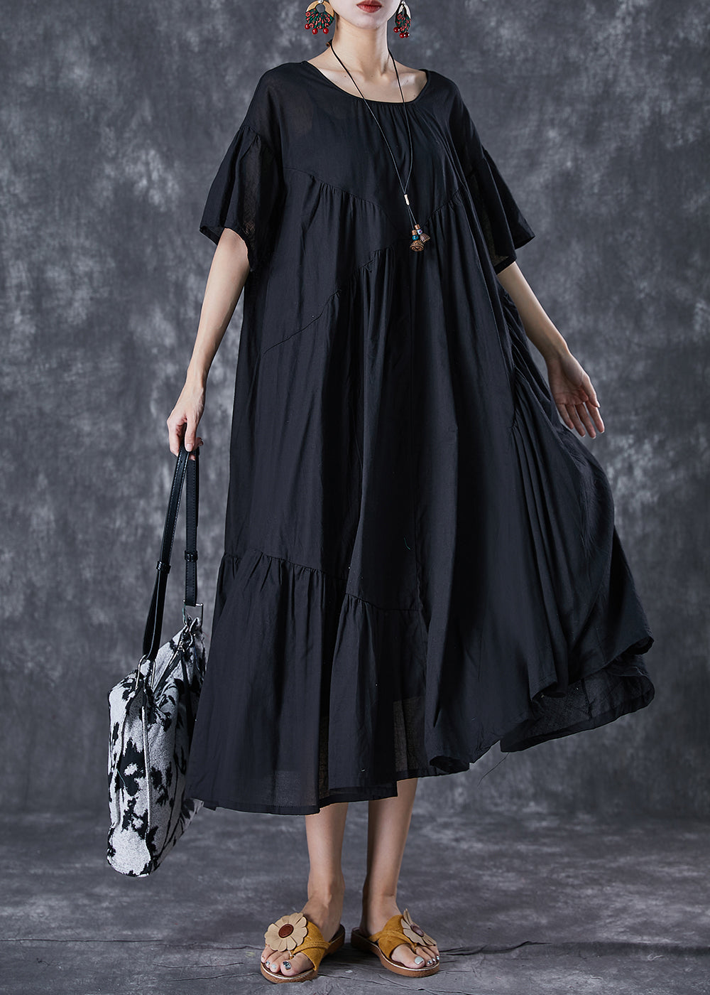 Oversized Asymmetrical Tiered Pleated Pocket Midi Smock Dress