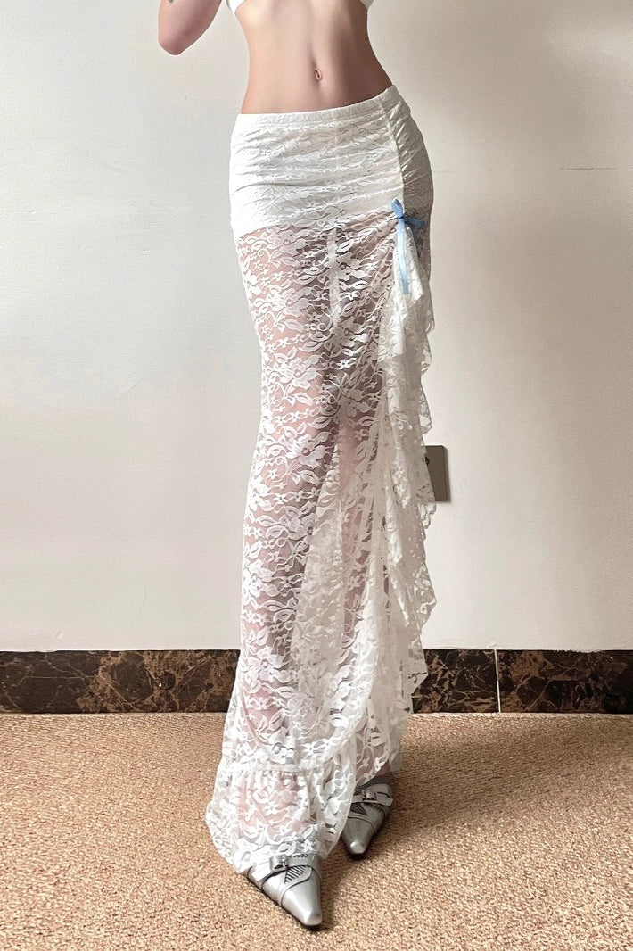 Sheer Lace Ruffle High Split Bow Detail Low Rise Maxi Skirt 2