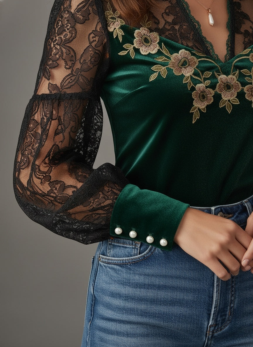 Embroidered Emerald Velvet & Lace Blouse
