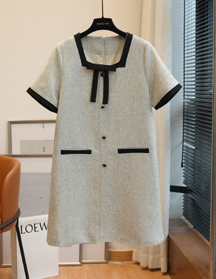 Tweed Square Neck Bow Short Sleeve Frayed Trim Mini Dress