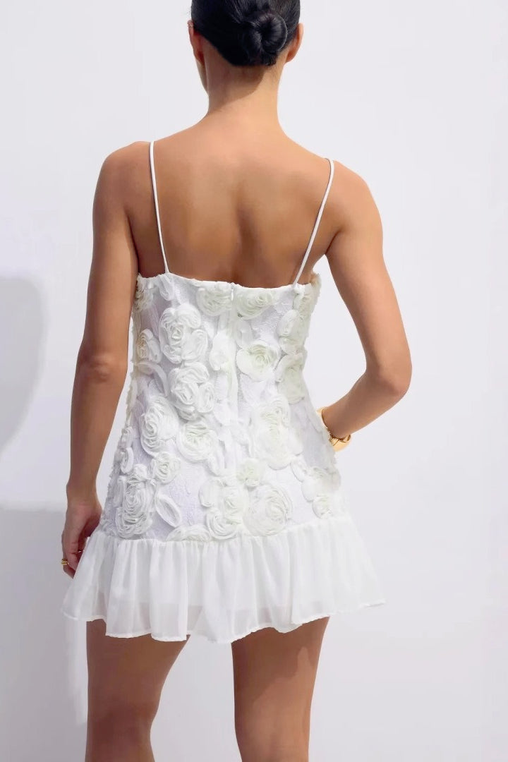 3D Flower Applique Spaghetti Strap Ruffle Hem Mini Dress