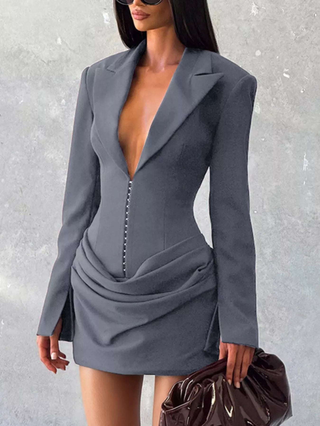 Full Size Blazer-Style Long Sleeve Mini Dress Plus Size Gray