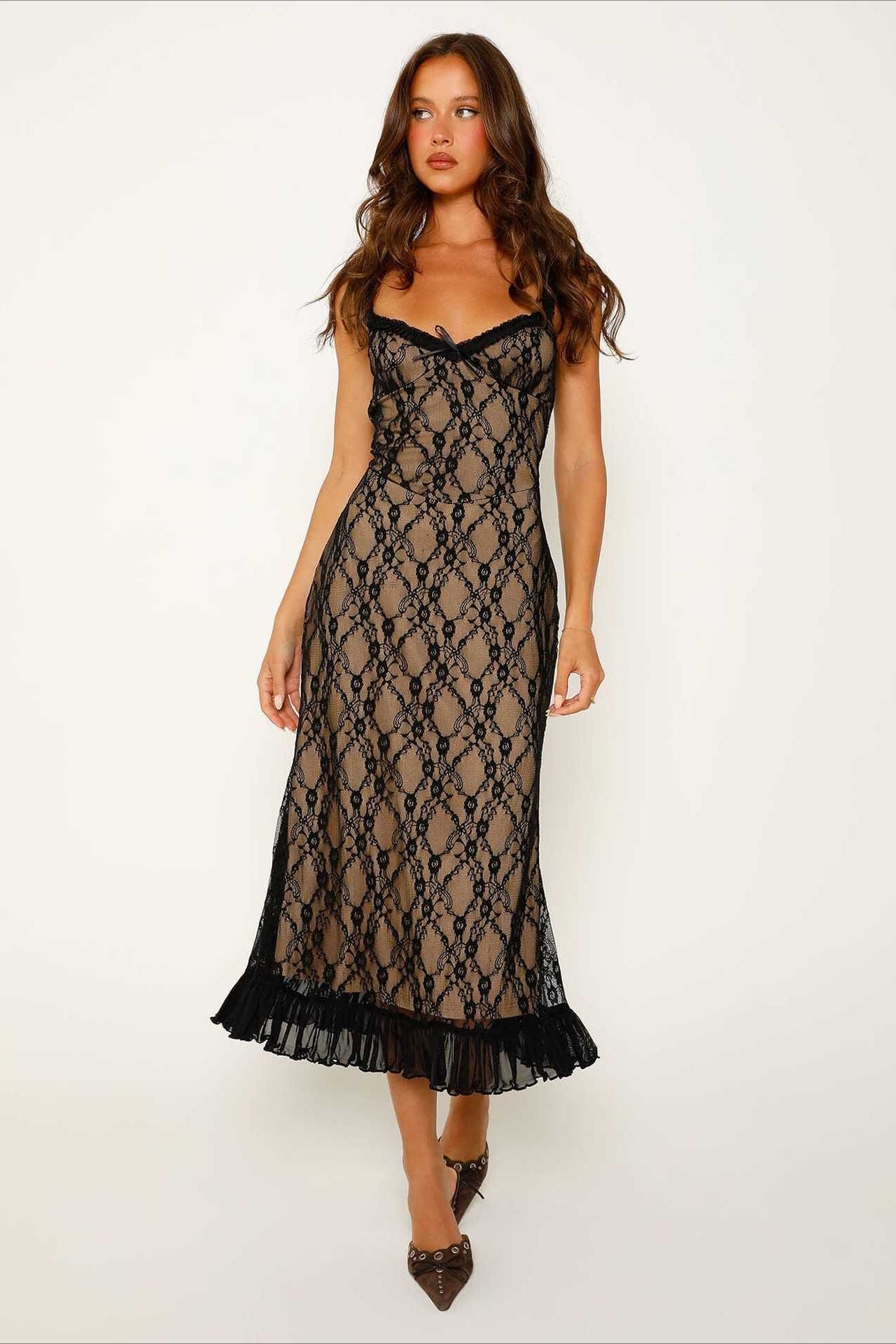 Spaghetti Strap Lace Overlay Ruffle Hem Bodycon Midi Dress