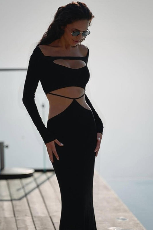 Square Neck Long Sleeve Cut Out Bodycon Maxi Dress