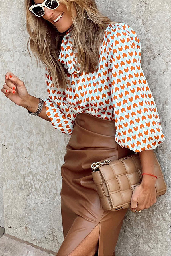Faux Leather Ruched Slit Midi Skirt