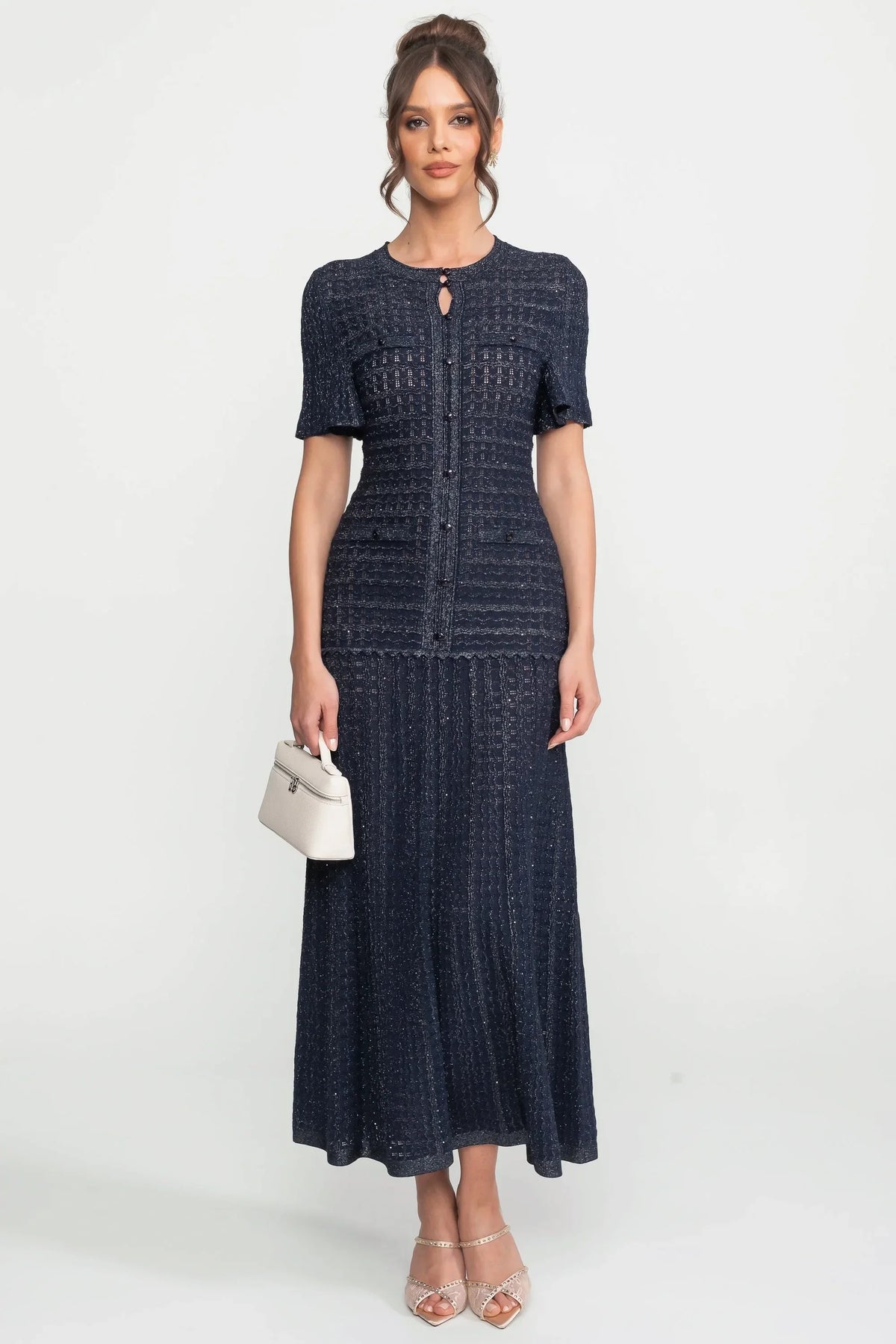 Shimmer Knit Short Sleeve Button Front Keyhole Neck Midi Dress