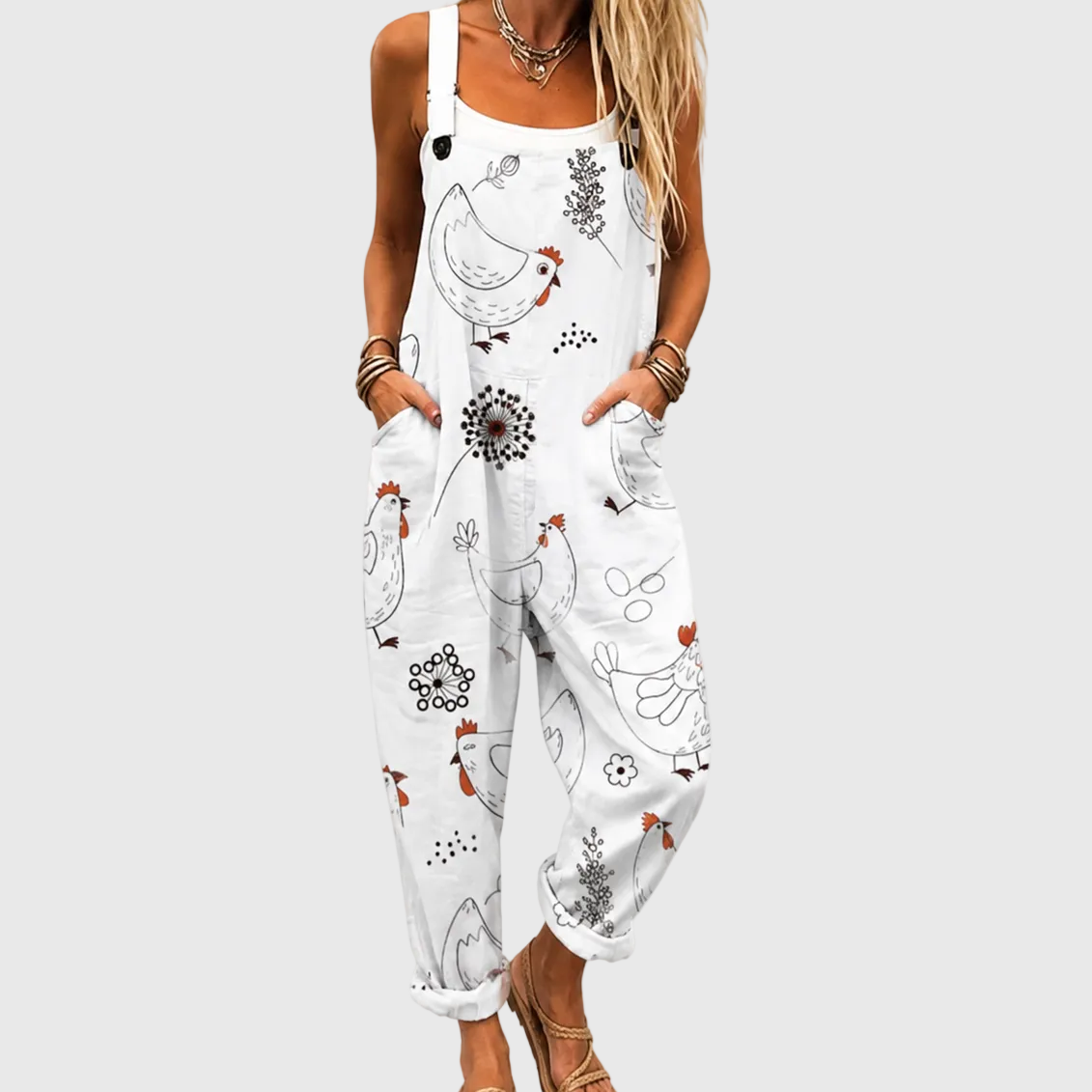 Rooster Print Sleeveless Wide Leg Overall Jumpsuit
