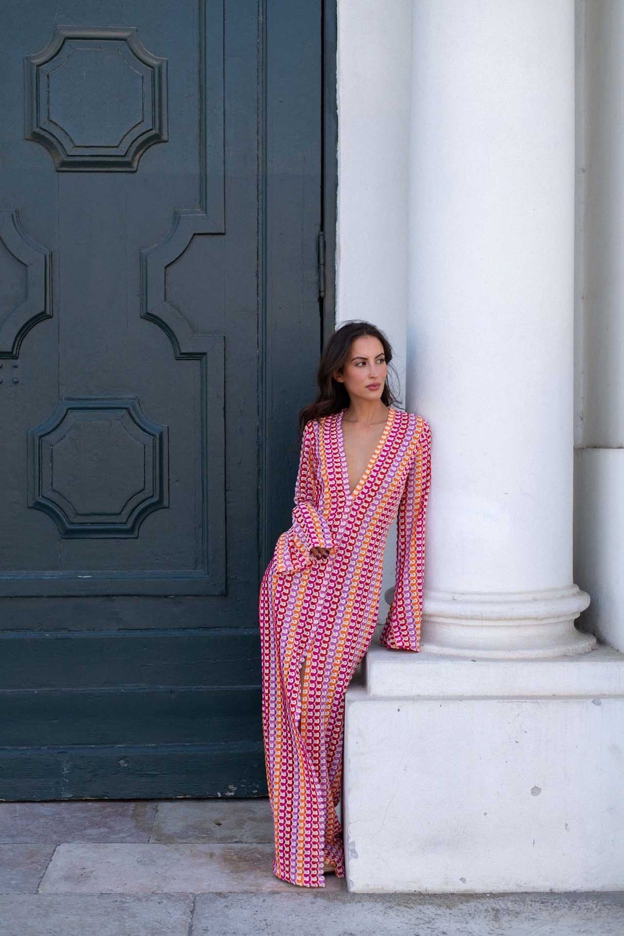 Crochet Deep V-Neck Long Sleeve Striped Boho Maxi Dress