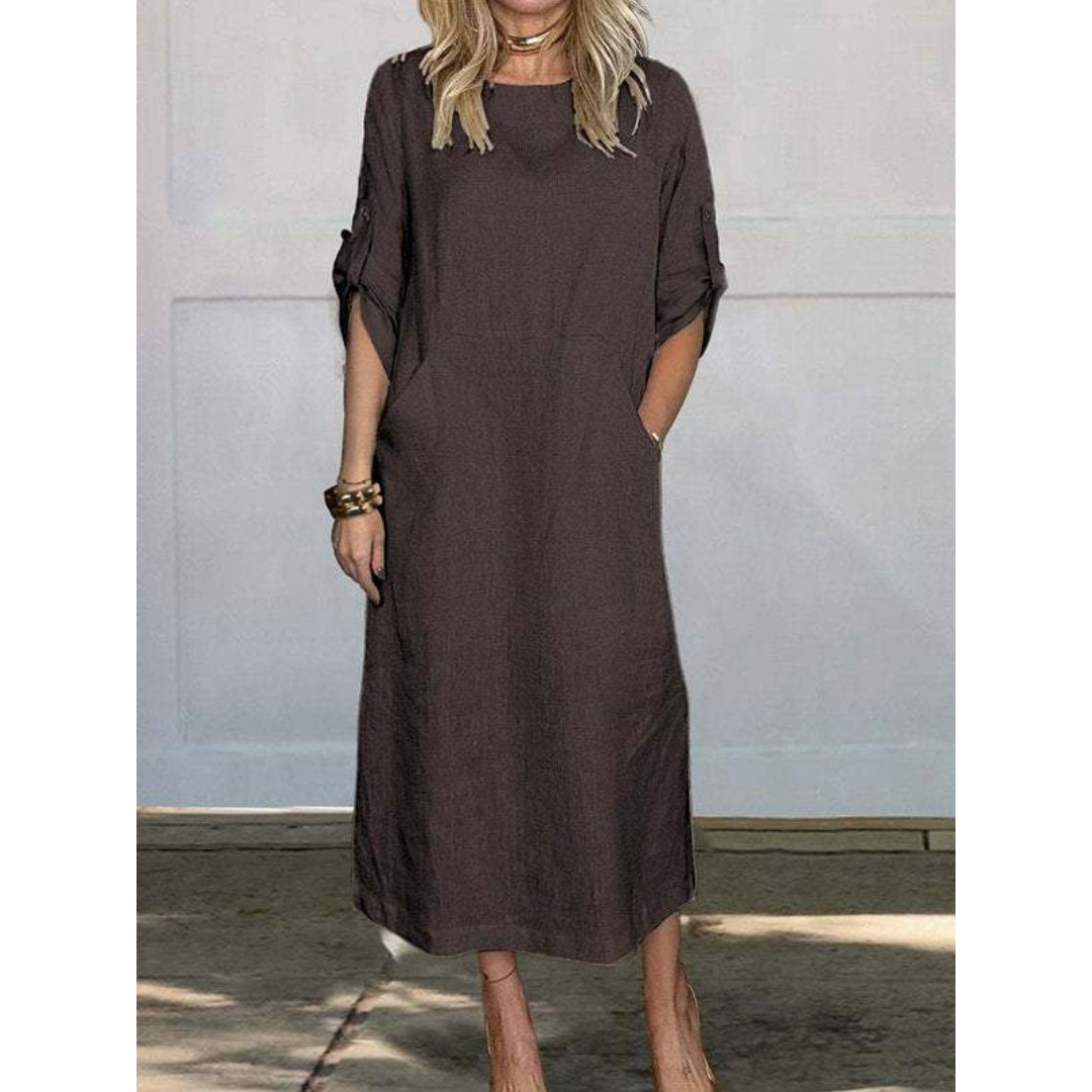 Round Neck Roll Tab Sleeve Pocket Side Slit Shift Maxi Dress
