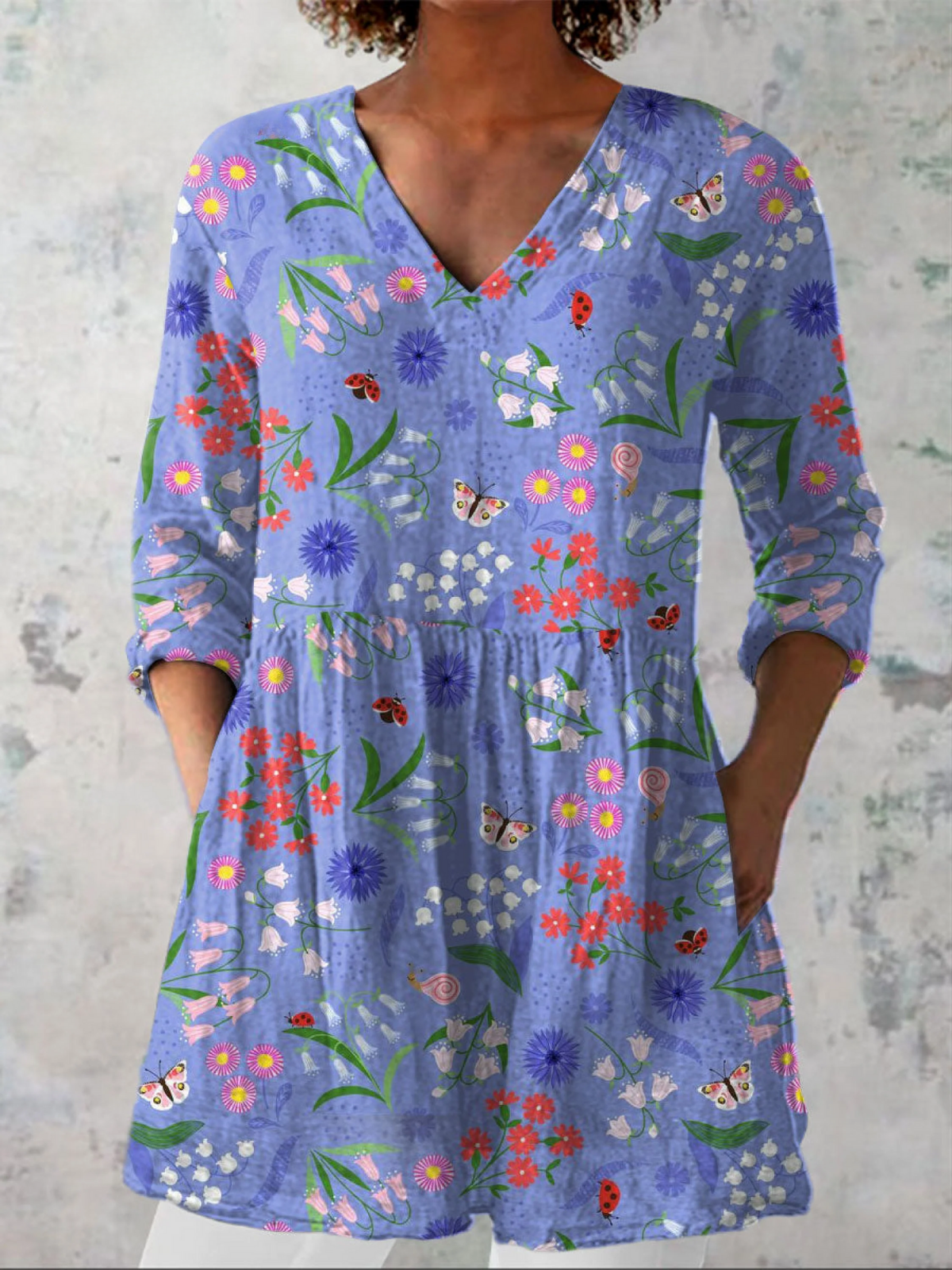 V-Neck Long Sleeve Floral Butterfly Print Tunic Blouse