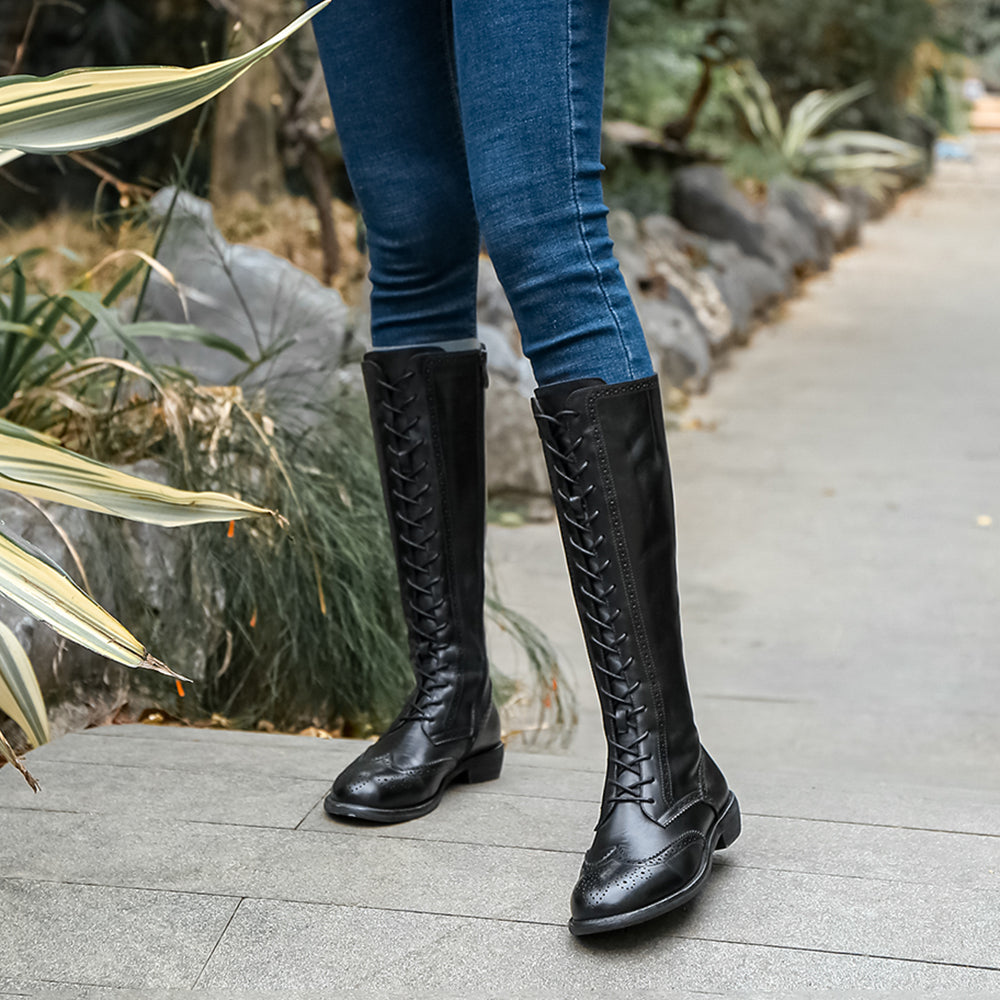 Handmade Wingtip Lace up Leather Knee High Boots Side Zip Riding Boots Short Plush Lining in Black/Coffee