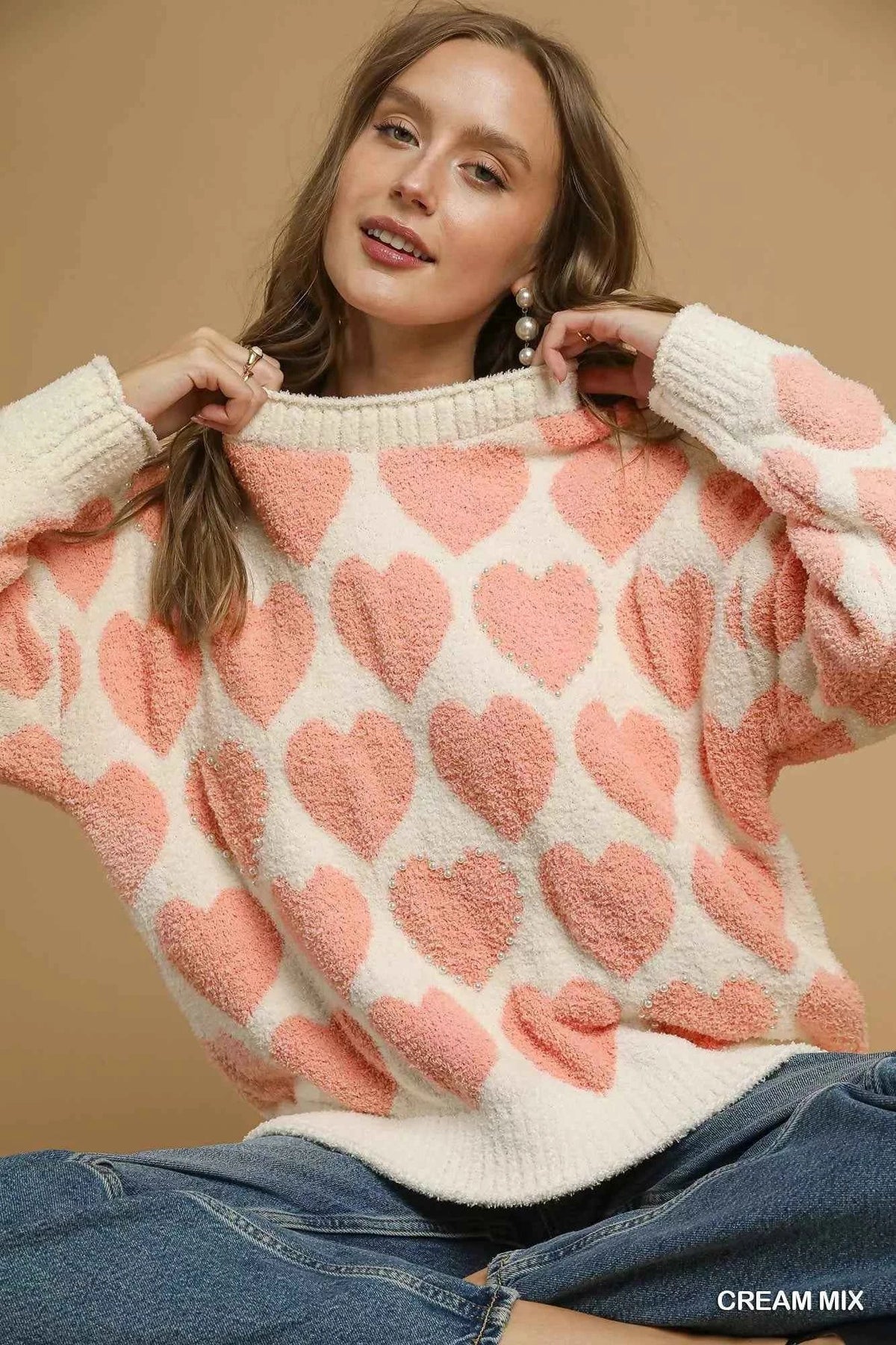 Heart Pattern Crew Neck Long Sleeve Fuzzy Knit Sweater 2