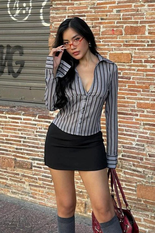Striped Collared Deep V-Neck Long Sleeve Fitted Button Front Shirt
