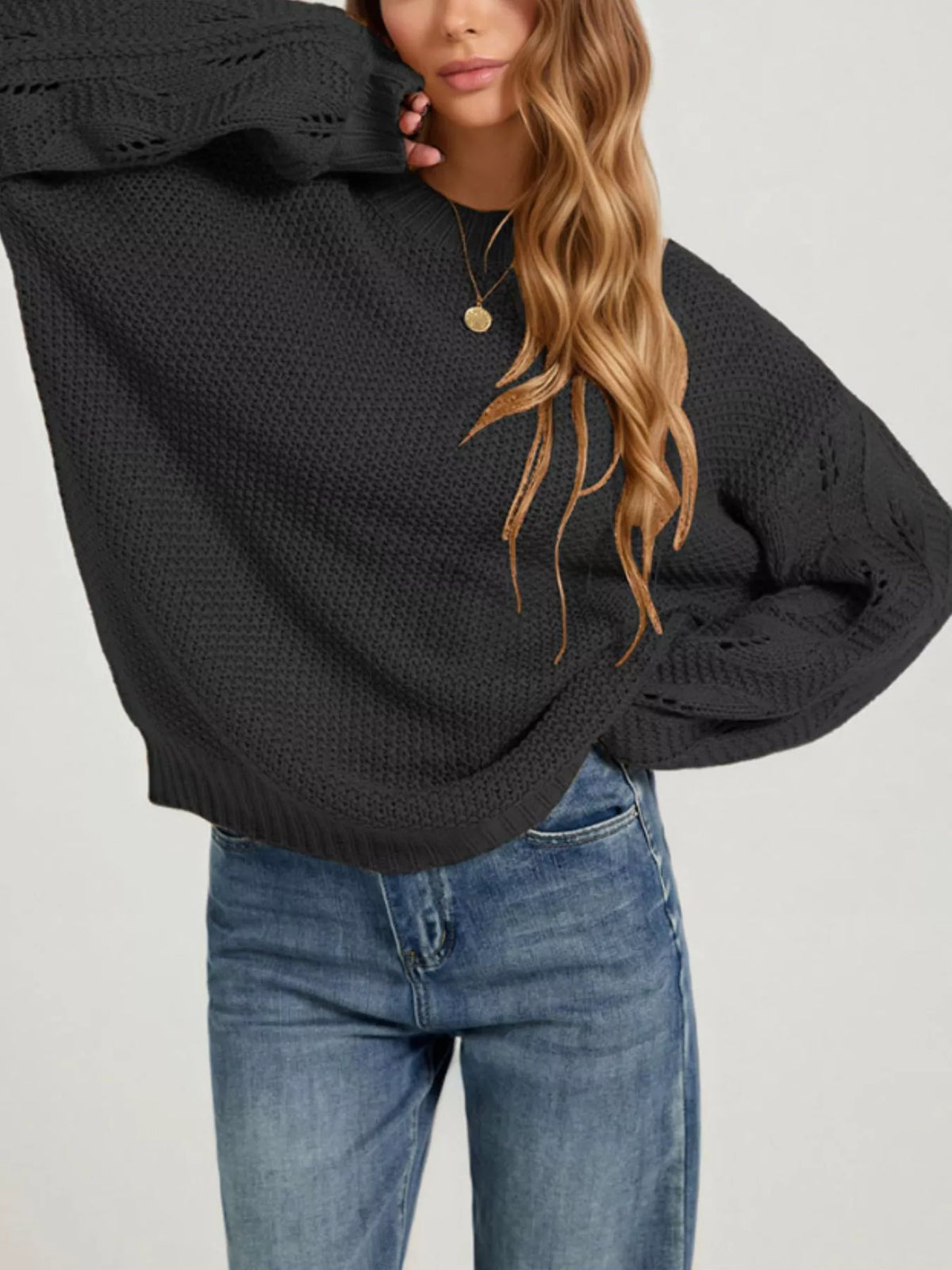 Oversized Textured Knit Openwork Lantern Sleeve Drop Shoulder Sweater 8