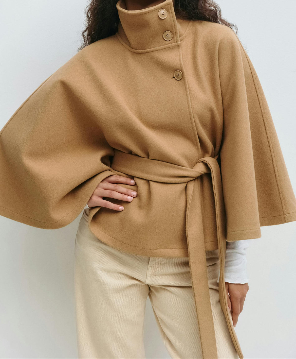 High Neck Button Front Belted Cape Jacket