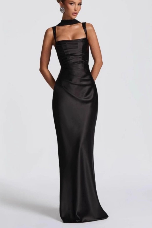 Square Neck Ruched Satin Bodycon Mermaid Dress