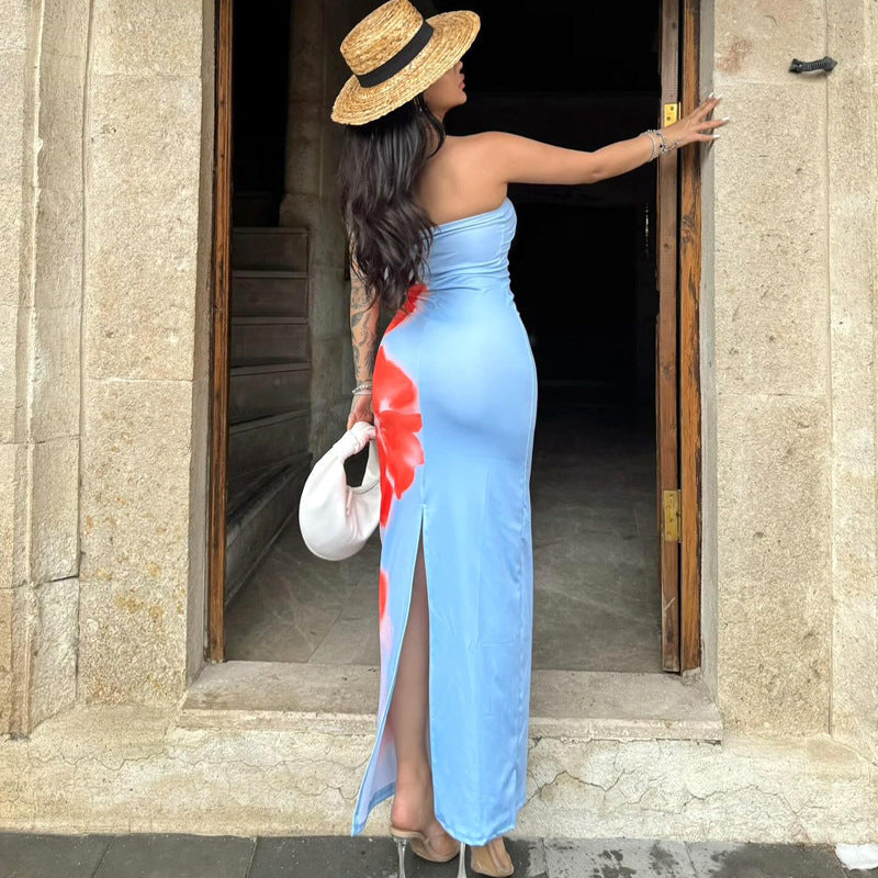 Strapless Floral Print Bodycon High Split Maxi Dress