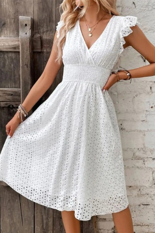Eyelet Embroidered Surplice V-Neck Ruffle Sleeve Smocked Waist Midi Dress 2