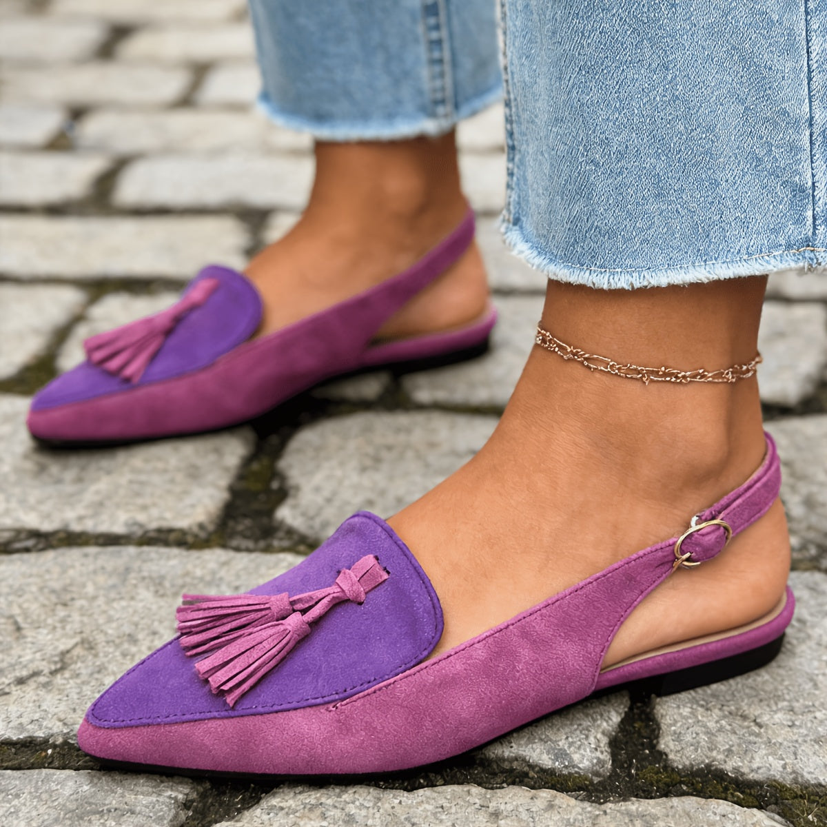 Leopard Print Pointed Toe Tassel Slingback Flats