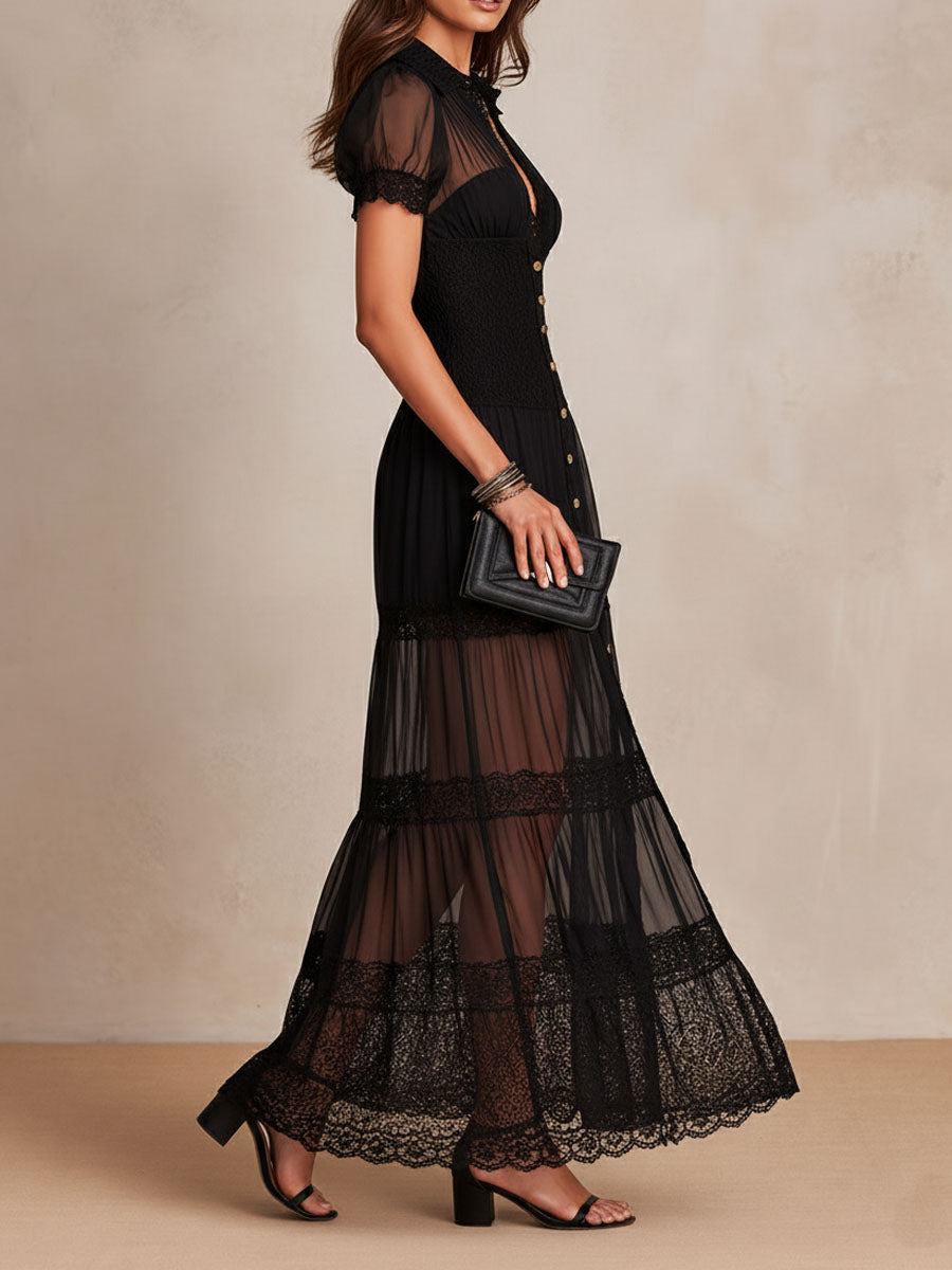 Sheer Mesh Lace Trim Short Sleeve Smocked Waist Maxi Dress