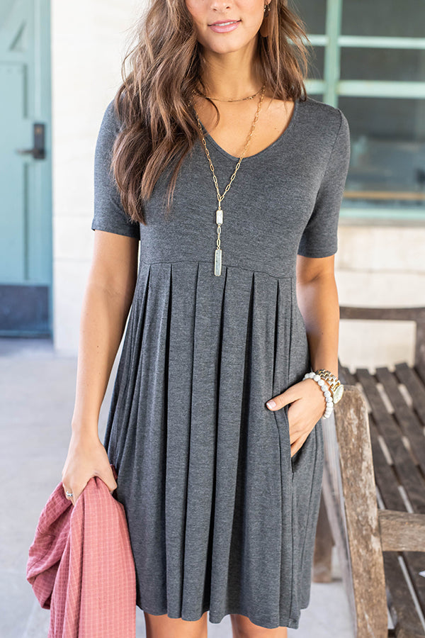 V-Neck Short Sleeve High Waist Knife Pleat Side Pocket A-Line Mini Dress