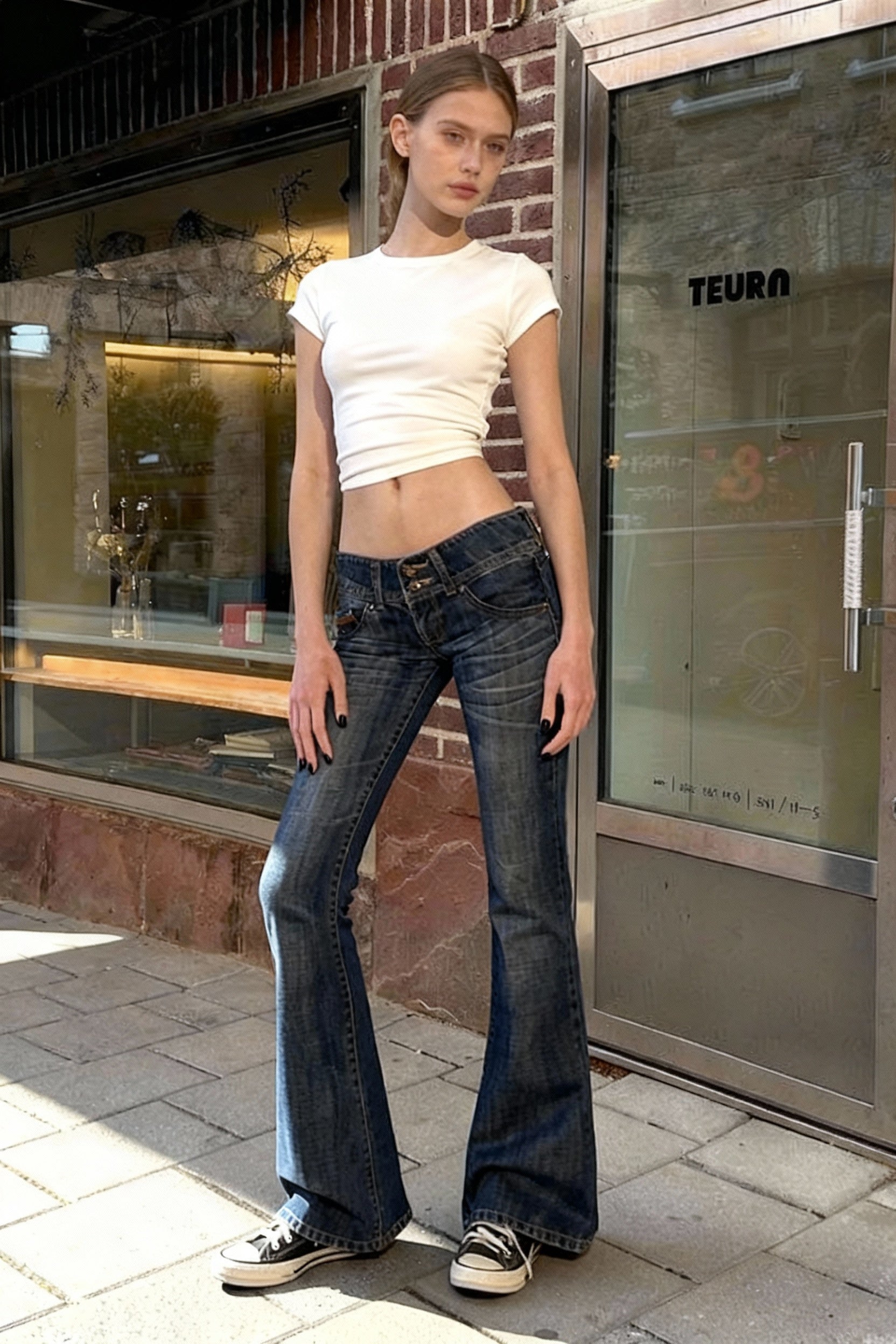 Low-Rise Vintage Washed Flared Denim Jeans