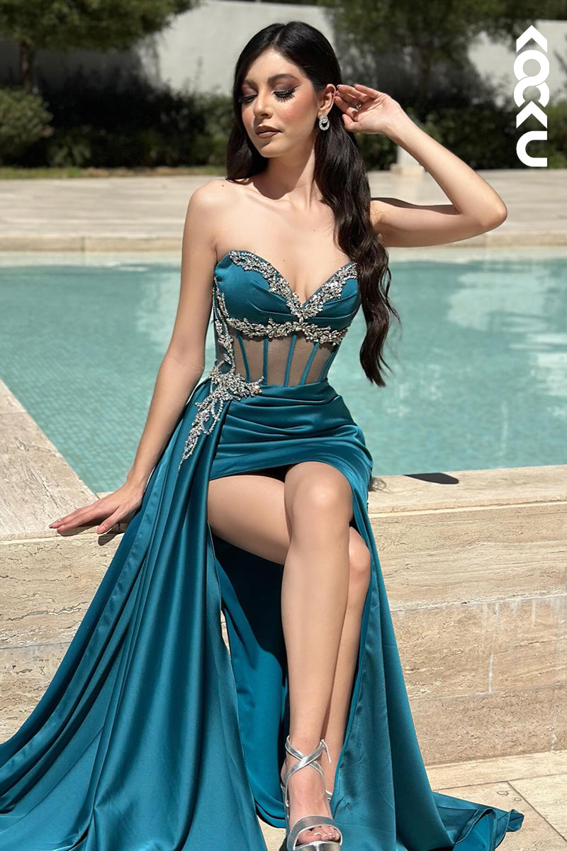 L2879 - Elegant & Luxurious Off-Shoulder Sleeveless Side Slit Formal Prom Dress With Rhinestones