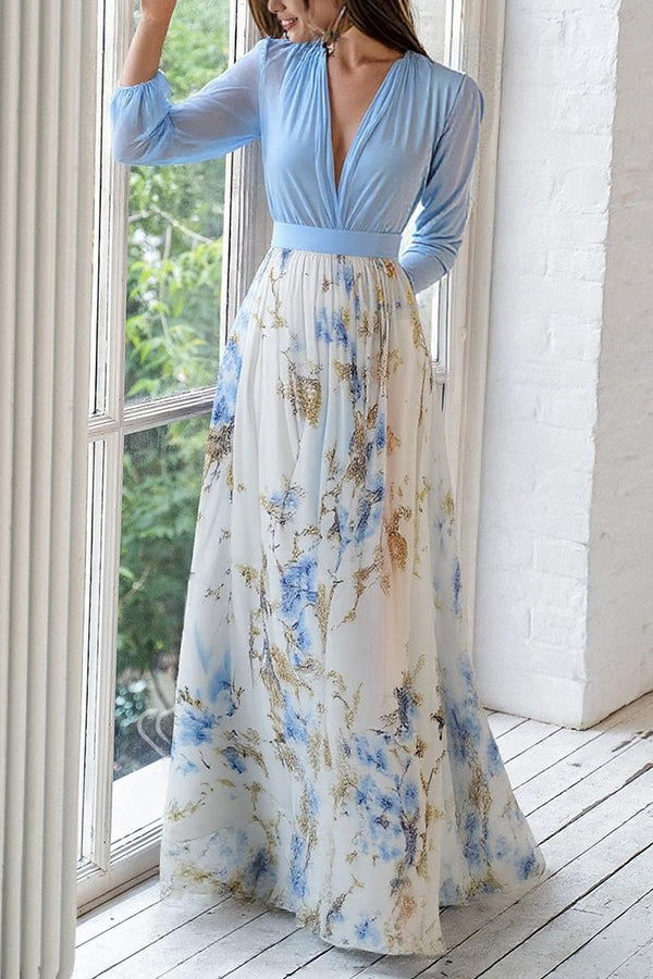 Floral Chiffon Deep V-Neck Bishop Sleeve Maxi Dress