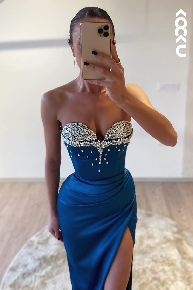 L2887 - Glamorous & Dramatic Sweetheart Sleeveless Sheath Slit Party Prom Dress With Rhinestones
