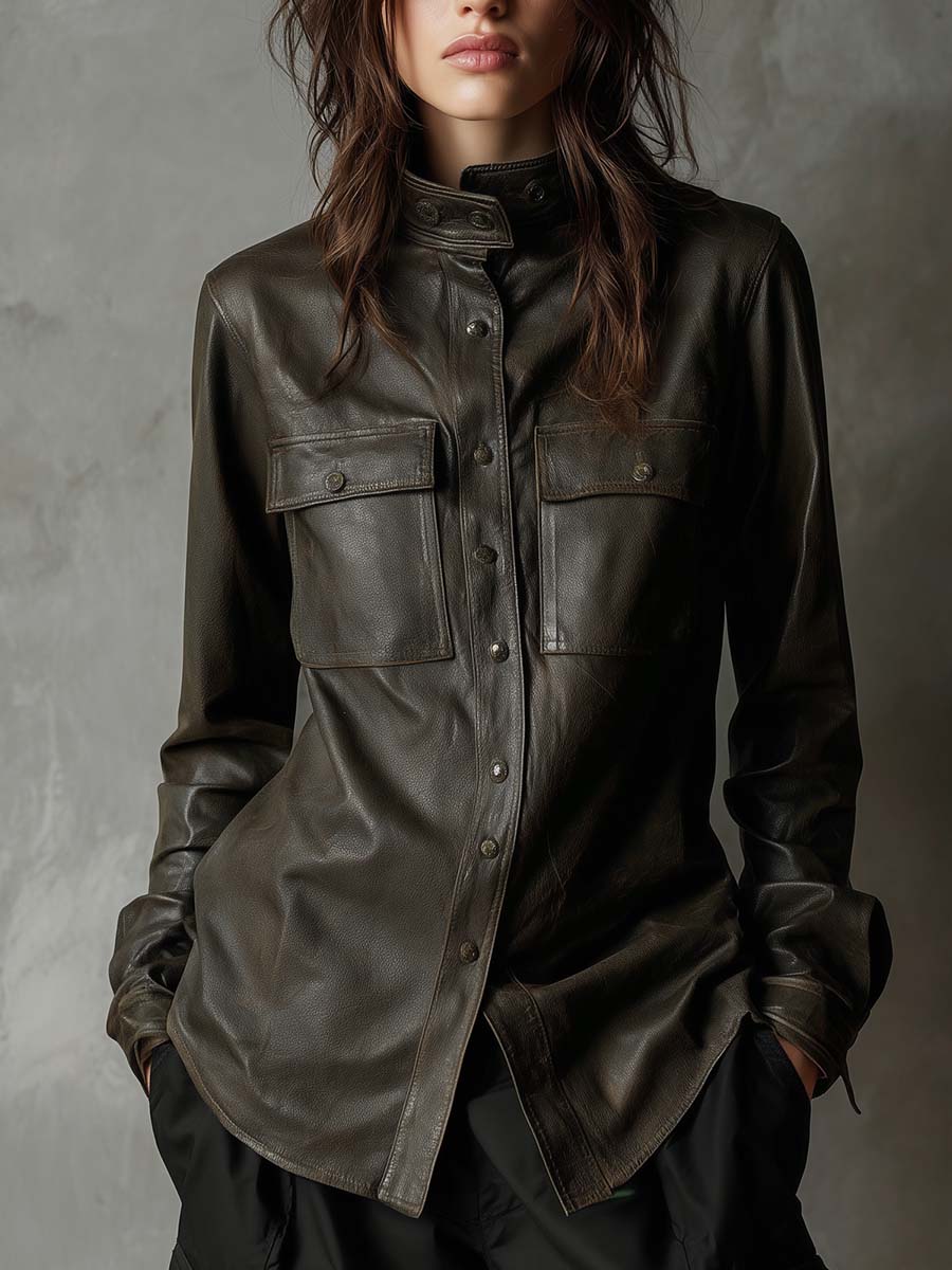 Dark Olive PU Leather Utility Shirt