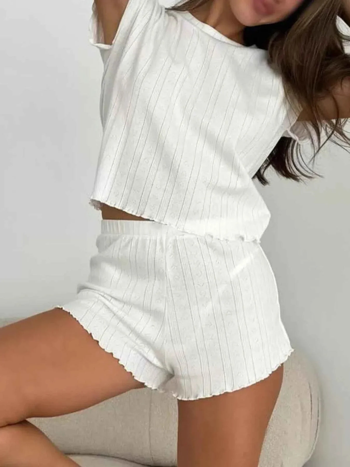 Pointelle Knit Lettuce Trim Short Sleeve Top and Shorts Two Piece Set