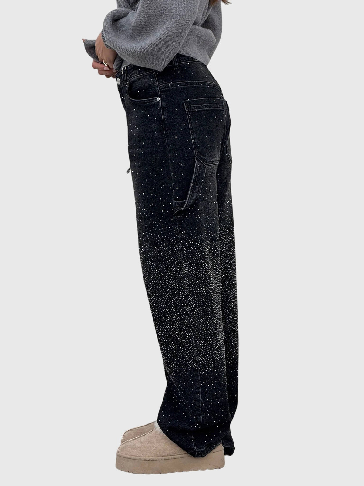 Rhinestone Embellished Wide Leg Cargo Jeans