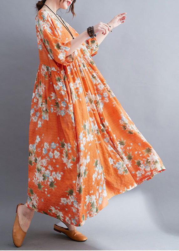 Floral Print Round Neck Elbow Sleeve Empire Waist Crinkled Textured Woven Maxi Dress
