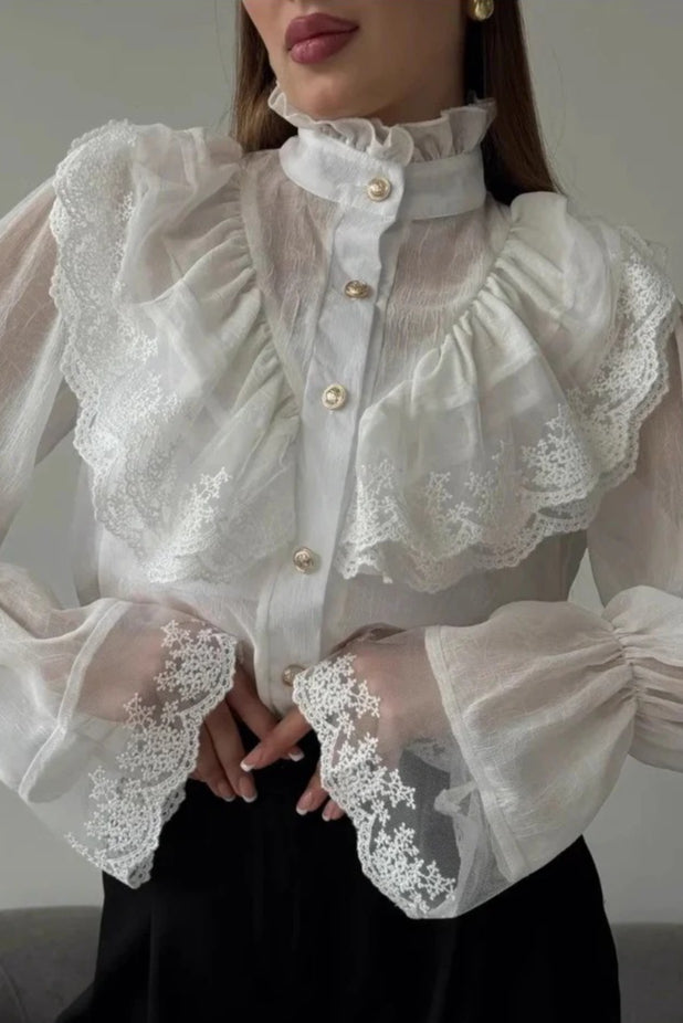 Chiffon Ruffle High Neck Long Sleeve Top