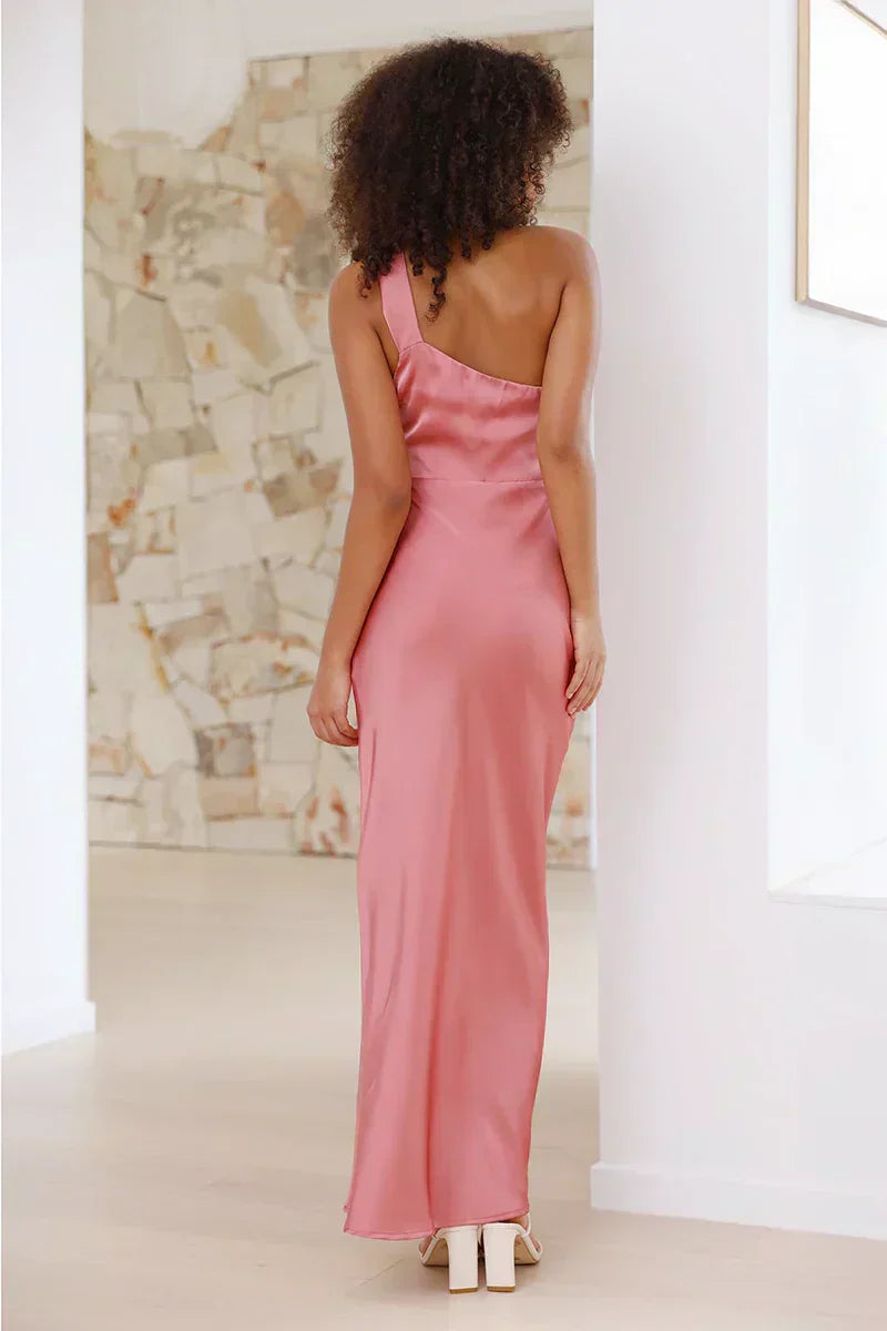 Satin One Shoulder Bias Cut Slip Column Maxi Dress