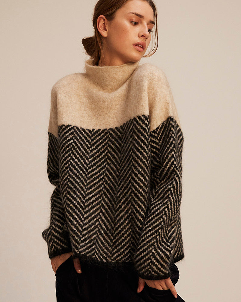Turtleneck Herringbone Colorblock Oversized Sweater