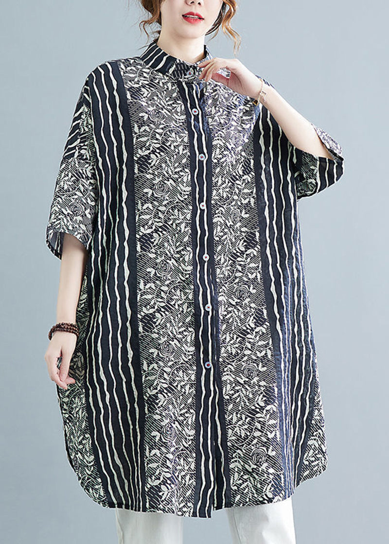 Floral Print Collar Button Front Panel Stripe Shirt Dress