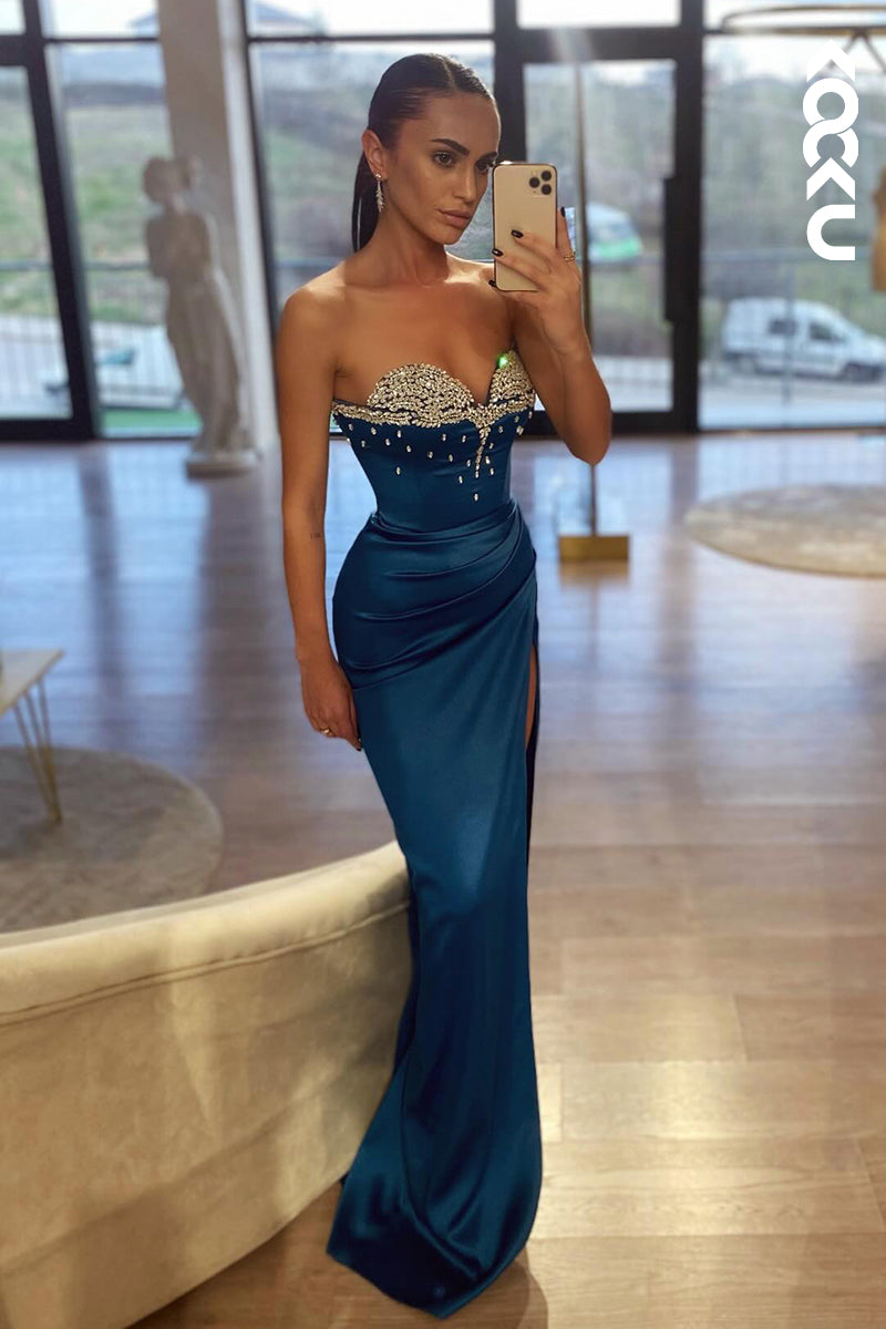 L2887 - Glamorous & Dramatic Sweetheart Sleeveless Sheath Slit Party Prom Dress With Rhinestones