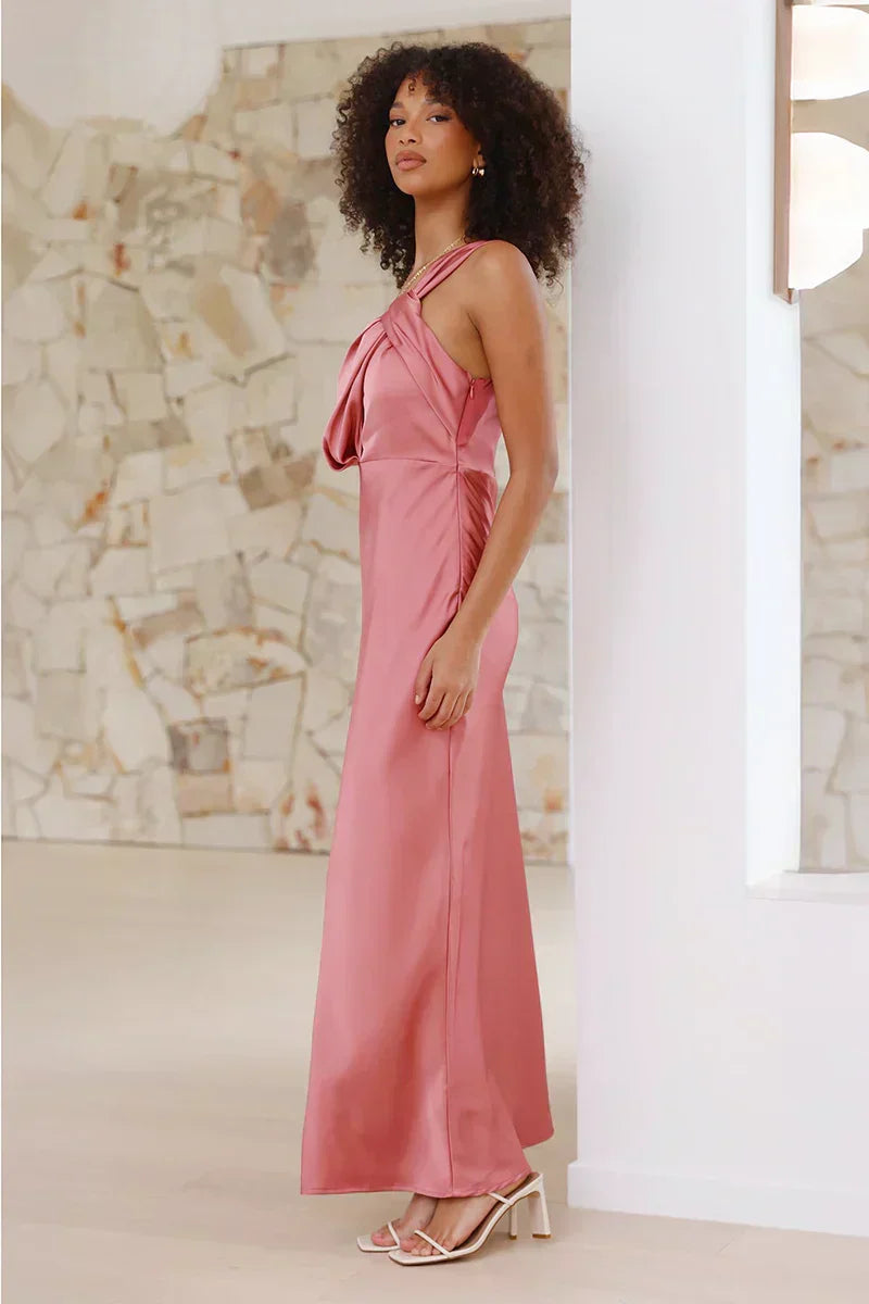Satin One Shoulder Bias Cut Slip Column Maxi Dress