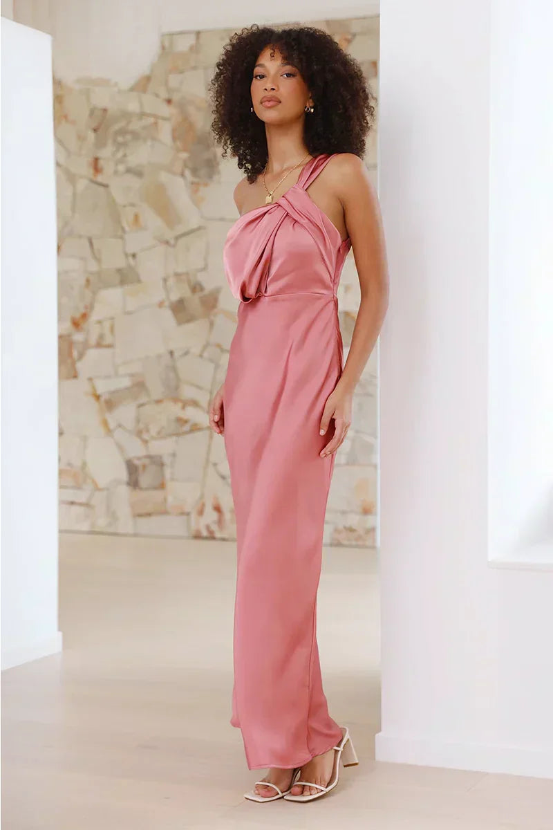 Satin One Shoulder Bias Cut Slip Column Maxi Dress