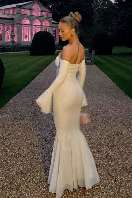 Lace Off Shoulder Bell Sleeve Sweetheart Mermaid Gown