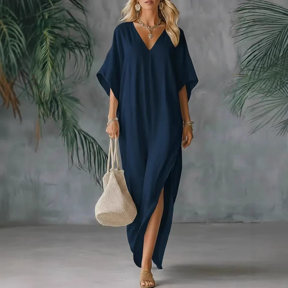 V-Neck Batwing Sleeve High Split Kaftan Maxi Dress Summer