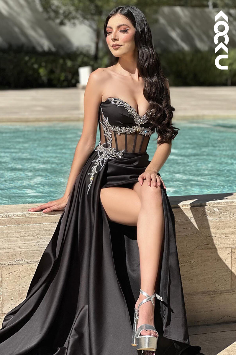 L2879 - Elegant & Luxurious Off-Shoulder Sleeveless Side Slit Formal Prom Dress With Rhinestones